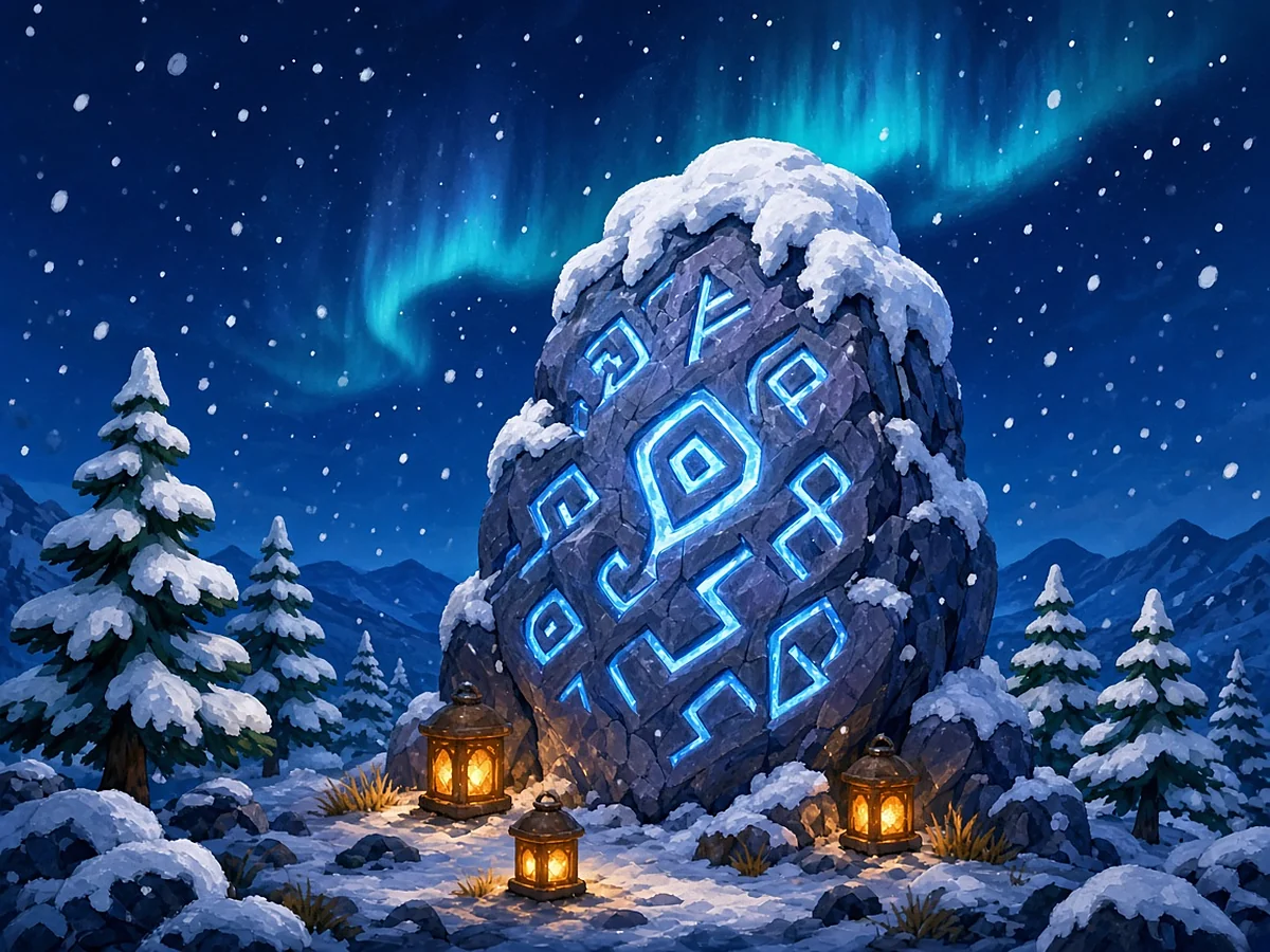 A snow-capped standing stone carved with glowing blue runes, lit by lanterns on a winter night